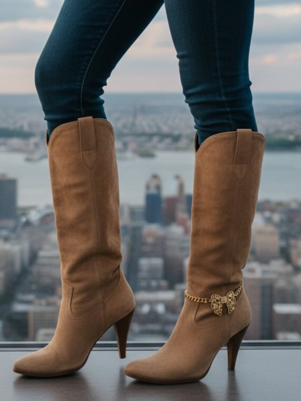 Women Gold Boot Chain Bracelets Western Shoe Anklet Bow Ribbon Bling Charm PAIR